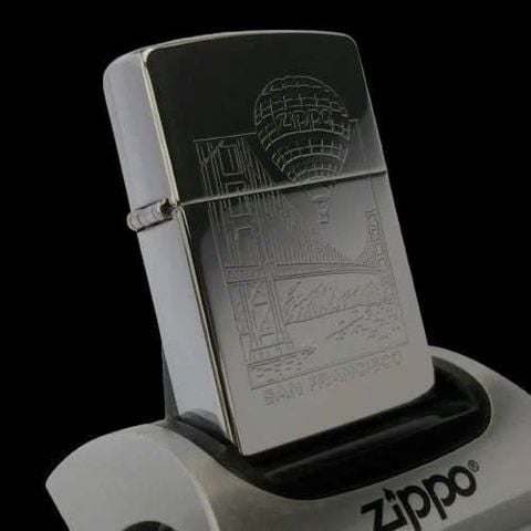 Bật Lửa Zippo Đồng Khối Mạ Chrome Trắng Bóng Khắc Ăn Mòn Chủ Đề Cầu Cổng Vàng Thành Phố San Fancisco Đời XII La Mã Sản Xuất Năm 1996 ZL863