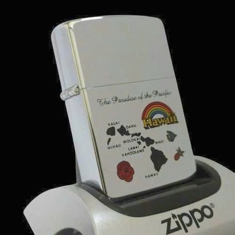 Bật Lửa Zippo Đồng Khối Mạ Chrome Bóng Khắc Ăn Mòn Phủ Sơn Chủ Đề Quần Đảo Hawaii Đời III La Mã Sản Xuất Năm 1987 ZL862