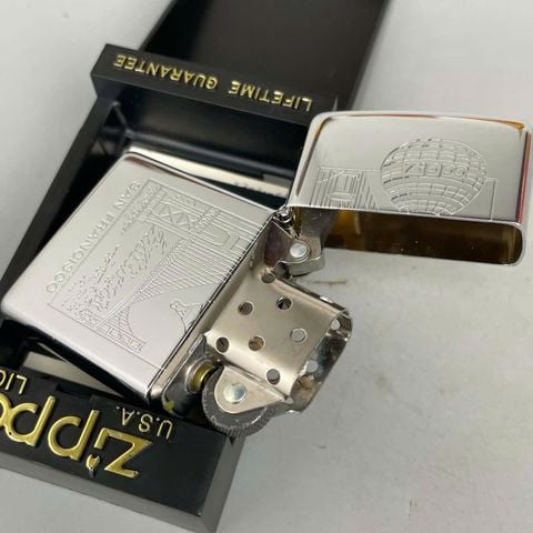 Bật Lửa Zippo Đồng Khối Mạ Chrome Trắng Bóng Khắc Ăn Mòn Chủ Đề Cầu Cổng Vàng Thành Phố San Fancisco Đời XII La Mã Sản Xuất Năm 1996 ZL863