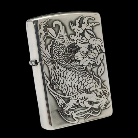 BẬT LỬA ZIPPO BẠC ĐÚC NGUYÊN KHỐI STERLING CAO CẤP KHẮC CÁ CHÉP TRONG ĐẦM SEN - ZB11