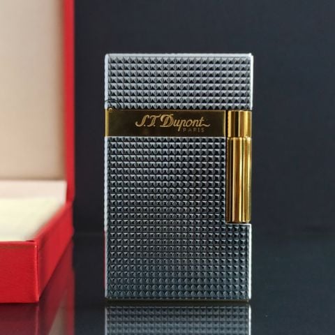 Bật Lửa Dupont HK Ga Đá Vân Kim Cương Trắng Phối Rulo Và Nắp Vàng D217