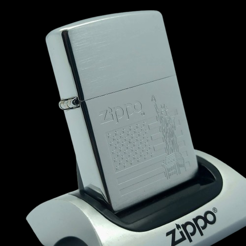 Bật Lửa Zippo Đồng Khối Mạ Chrome Trắng Trơn Phay Xước Chủ Đề Nữ Thần Tự Do Liberty Đời XII La Mã Sản Xuất Năm 1996 ZL878