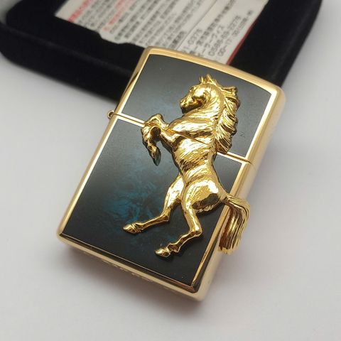 Bật Lửa Zippo Xuất Nhật Khảm Xà Cừ Xanh Vân Đá Mạ Vàng Emblem Ngựa Hiếm Gặp ZN158