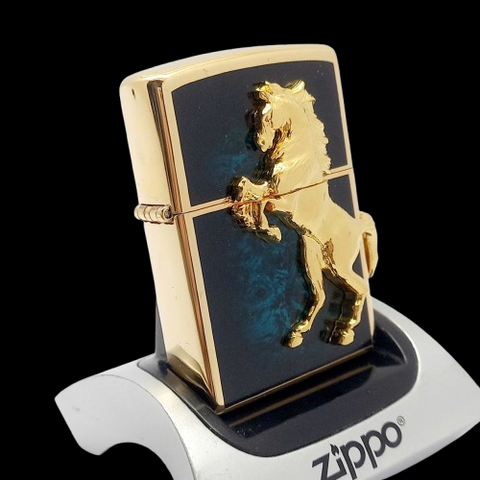 Bật Lửa Zippo Xuất Nhật Khảm Xà Cừ Xanh Vân Đá Mạ Vàng Emblem Ngựa Hiếm Gặp ZN158