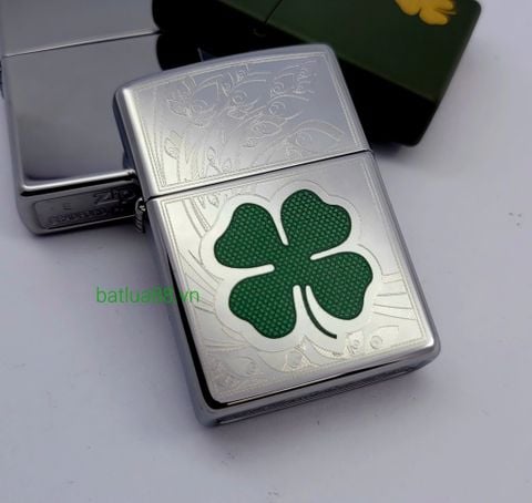 BẬT LỬA ZIPPO CHROME BÓNG HOA VĂN SƠN HẤP NHIỆT CỎ 4 LÁ MAY MẮN Z179