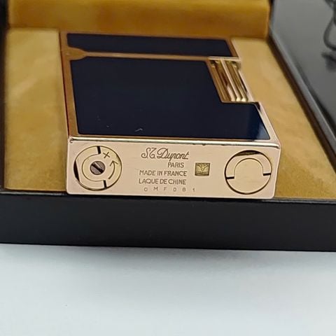 Bật Lửa Dupont Ligne 2 Bọc Vàng Phủ Men Xanh NaVy 2 Lỗ Phom Thấp DP171