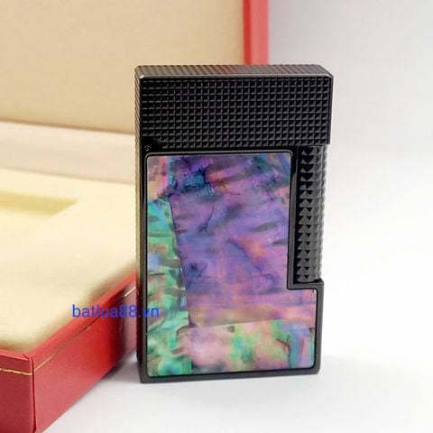 Bật Lửa Dupont Xăng Mạ Đen Khảm Trai Ánh Xanh Tím Nắp Vân Kim Cương DX23