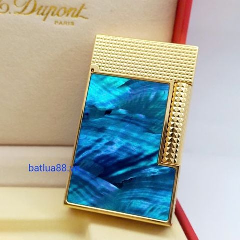 Bật Lửa Dupont Xăng Mạ Vàng Khảm Trai Ánh Xanh Navy Nắp Vân Kim Cương DX22