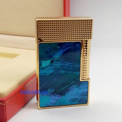 Bật Lửa Dupont Xăng Mạ Vàng Khảm Trai Ánh Xanh Navy Nắp Vân Kim Cương DX22