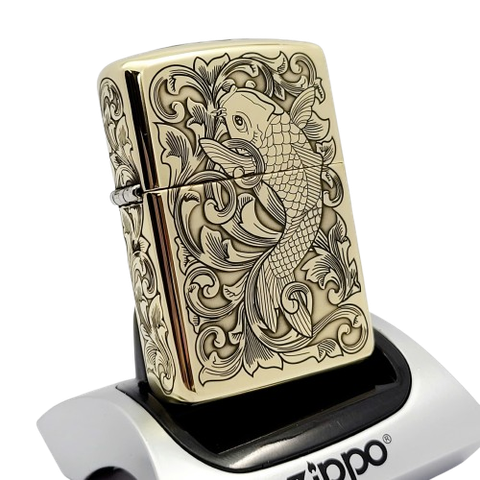 Bật Lửa Zippo Armor Đồng Nguyên Khối Khắc Chủ Đề Cá Chép Hoa Văn ZKB125