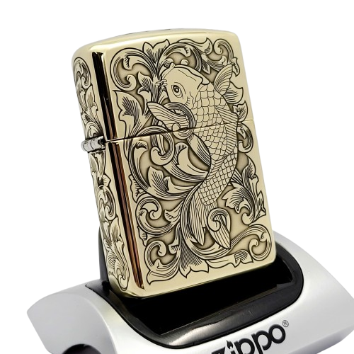 Bật Lửa Zippo Armor Đồng Nguyên Khối Khắc Chủ Đề Cá Chép Hoa Văn ZKB125