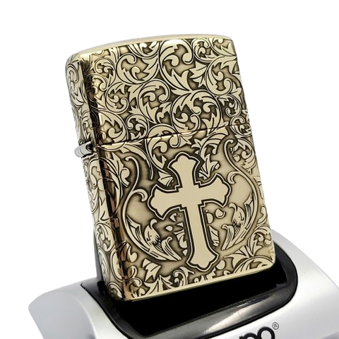 Bật Lửa Zippo Armor Đồng Nguyên Khối Khắc Chủ Đề Hoa Văn Thánh Giá ZKB127