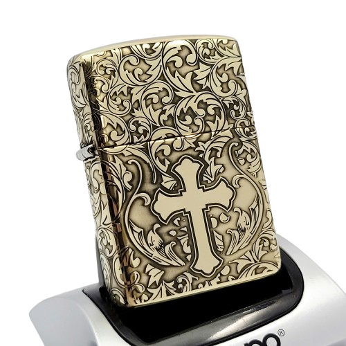 Bật Lửa Zippo Armor Đồng Nguyên Khối Khắc Chủ Đề Hoa Văn Thánh Giá ZKB127