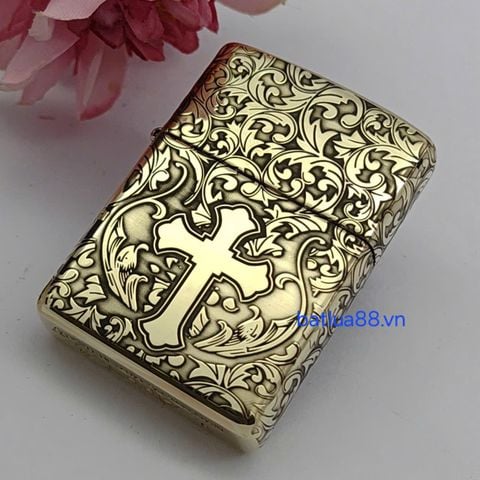 Bật Lửa Zippo Armor Đồng Nguyên Khối Khắc Chủ Đề Hoa Văn Thánh Giá ZKB127