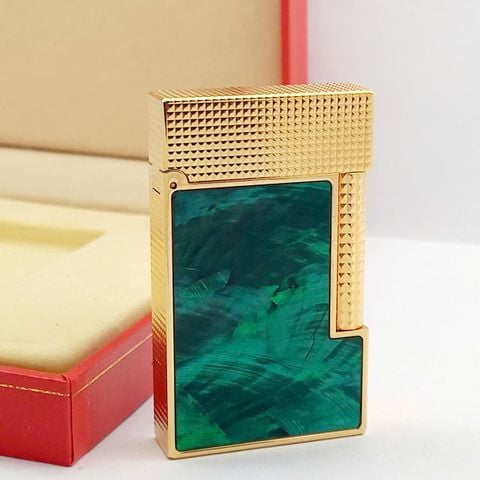 Bật Lửa Dupont Xăng Mạ Vàng Khảm Trai Ánh Xanh Lá Cây Nắp Vân Kim Cương DX25