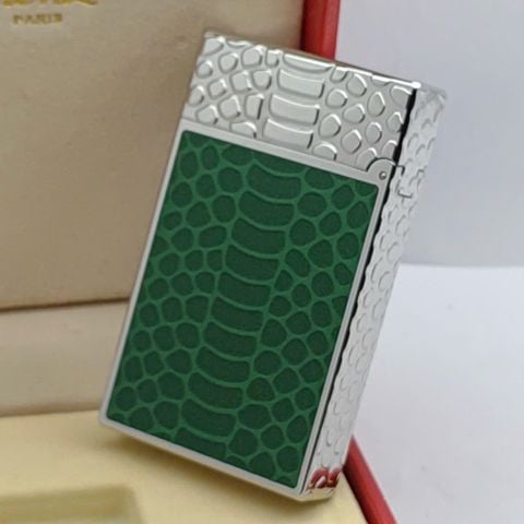 Bật Lửa Dupont Gas Đá Vân Cá Sấu Phủ Men Xanh Lá Cây Nắp Bạch Kim D211