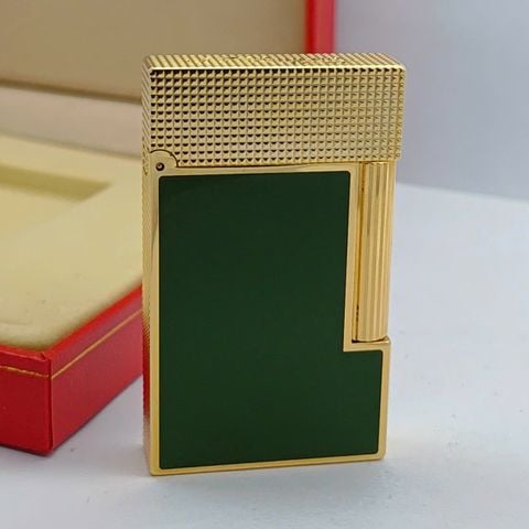 Bật Lửa Dupont Gas Đá Mạ Vàng Phủ Men Xanh Lá Cây Nắp Vân Kim Cương D210