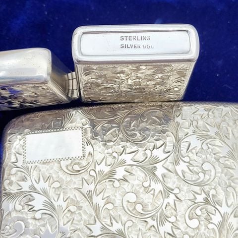 Bộ Bật Lửa Bạc Nguyên Khối Thủ Công Thập Niên 1950 Hoa Văn Tinh Xảo Cực Hiếm ZB80