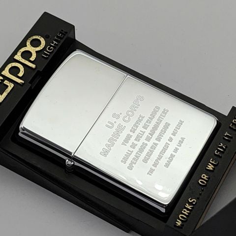 Bật Lửa Zippo Đồng Khối Mạ Chrome Bóng Khắc Ăn Mòn Chủ Đề Quân Sự Hiếm Gặp, Đời IV Sản Xuất Năm 1988 ZL765