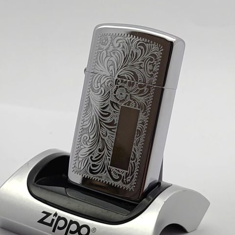 Bật Lửa Zippo Đồng Khối Mạ Chrome Khắc Ăn Mòn Chủ Đề Venetian Bản Slim Hiếm Gặp, Sản Xuất Năm 1995 Đời XI La Mã ZL772