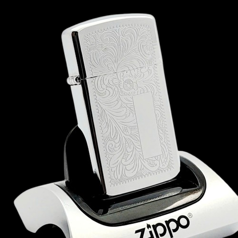 Bật Lửa Zippo Đồng Khối Mạ Chrome Khắc Ăn Mòn Chủ Đề Venetian Bản Slim Hiếm Gặp, Sản Xuất Năm 1995 Đời XI La Mã ZL772
