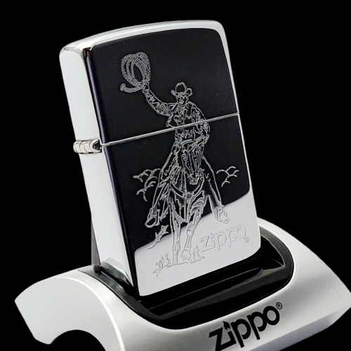 Bật Lửa Zippo Đồng Khối Mạ Chrome Bóng Khắc Ăn Mòn Chủ Đề Cowboy Hiếm Gặp, Sản Xuất Năm 1996 Đời XII La Mã ZL762