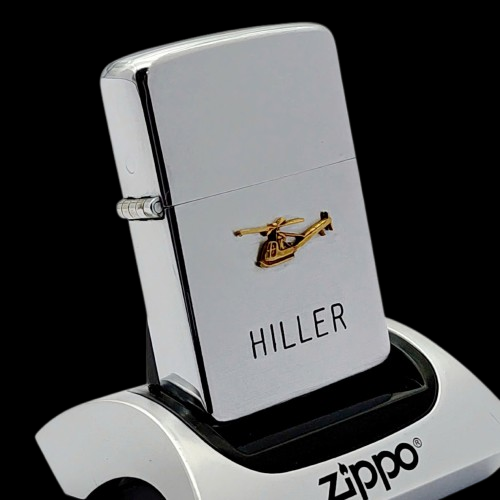 Bật Lửa Zippo Cổ Đồng Khối Mạ Chrome Phay Xước Chủ Đề HILLER , Eblem Vàng 10k Trực Thăng Cực Hiếm Gặp Năm 1956 Giá Trị Sưu Tầm Cao ZC486