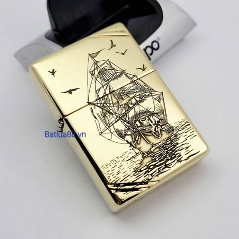 Bật Lửa Zippo Đồng Khối Vintage Chặt Góc Khắc Chủ Đề Thuận Buồm Xuôi Gió May Mắn ZKB122