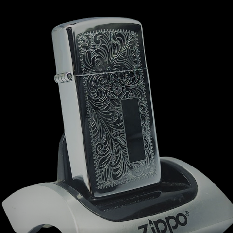 Bật Lửa Zippo Đồng Khối Mạ Chrome Khắc Ăn Mòn Chủ Đề Venetian Bản Slim Hiếm Gặp, Sản Xuất Năm 1998 Đời XIV La Mã ZL804