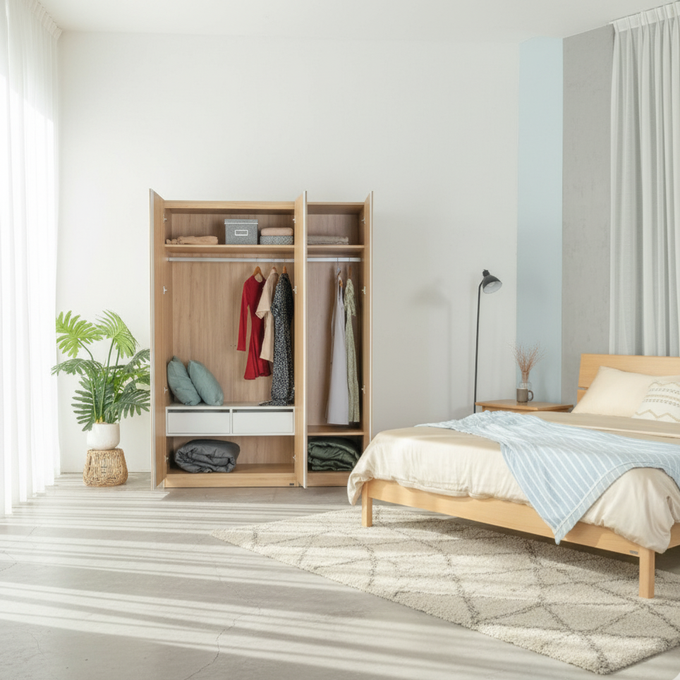  Combo Giường Ngủ MOHO VLINE & Tủ Quần Áo MOHO VIENNA 1m5 Màu Gỗ Tự Nhiên 