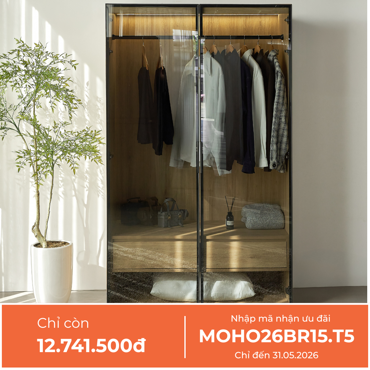  Tủ Quần Áo Cánh Kính Cao Cấp 1m2 MOHO ASTRO 