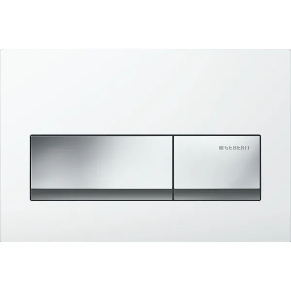 Mặt nạ nút nhấn xả của bàn cầu treo tường, hiệu GEBERIT, dòng  Alpha50, màu mặt màu trắng bóng (nút nhấn màu chrome bóng) 115060111.