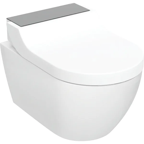Bộ bàn cầu hoàn chỉnh Geberit AquaClean Tuma Comfort, bàn cầu treo tường, màu trắng, viền thép không gỉ xước 146294FW1