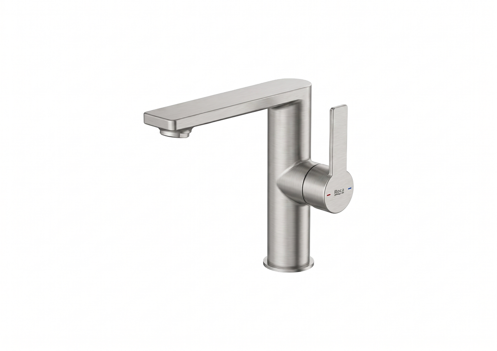 Vòi chậu nóng lạnh thấp 1 lỗ, bao gồm bộ xả nhấn, hiệu ROCA, dòng Targa, màu stainless steel - A5A405FSMN
