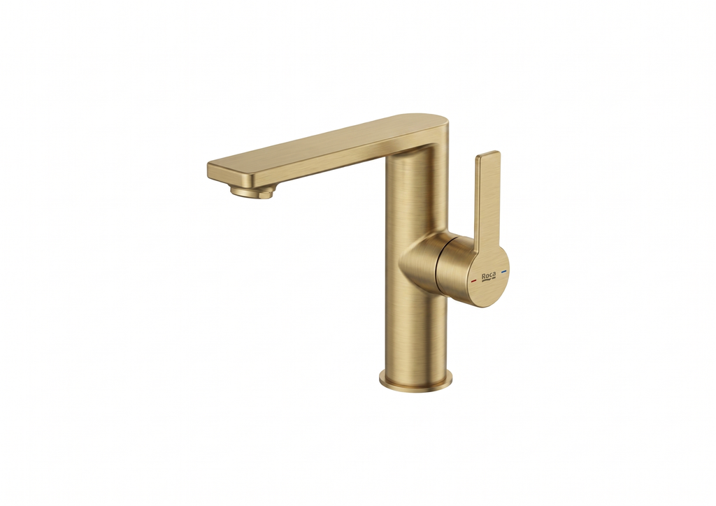 Vòi chậu nóng lạnh thấp 1 lỗ, bao gồm bộ xả nhấn, hiệu ROCA, dòng Targa, màu brushed brass - A5A405FVAN