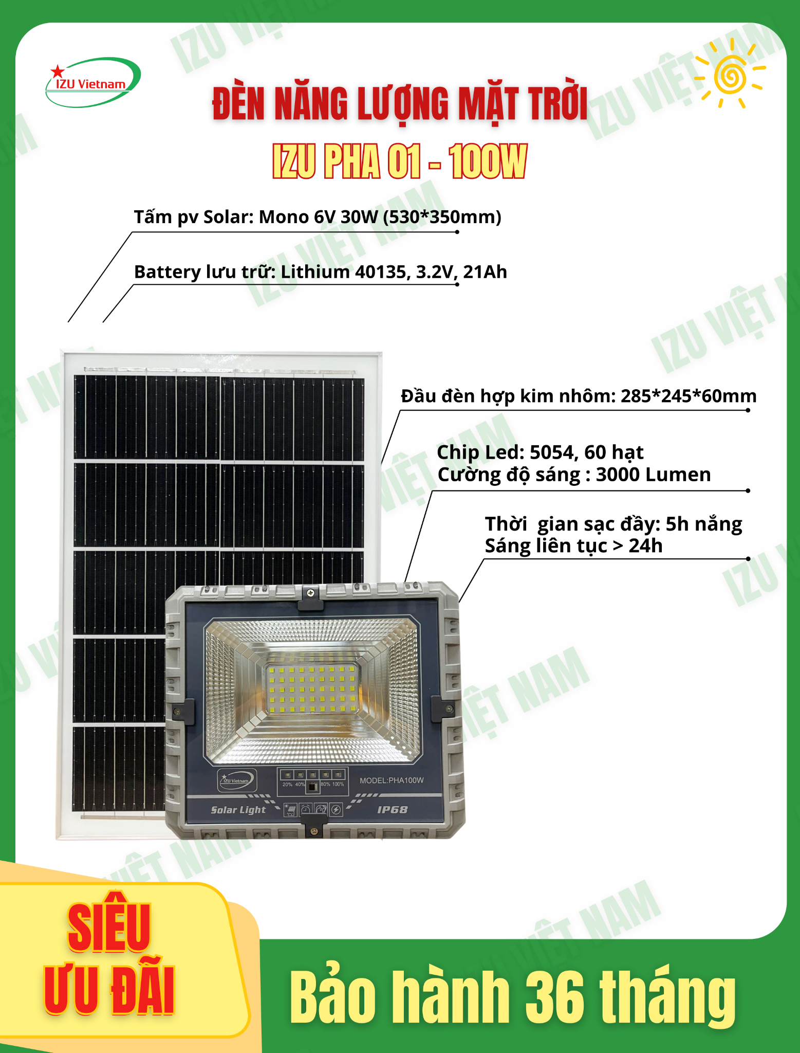  [IZU-PHA02-100] Đèn pha năng lượng mặt trời IZU 100W - MẪU MỚI 