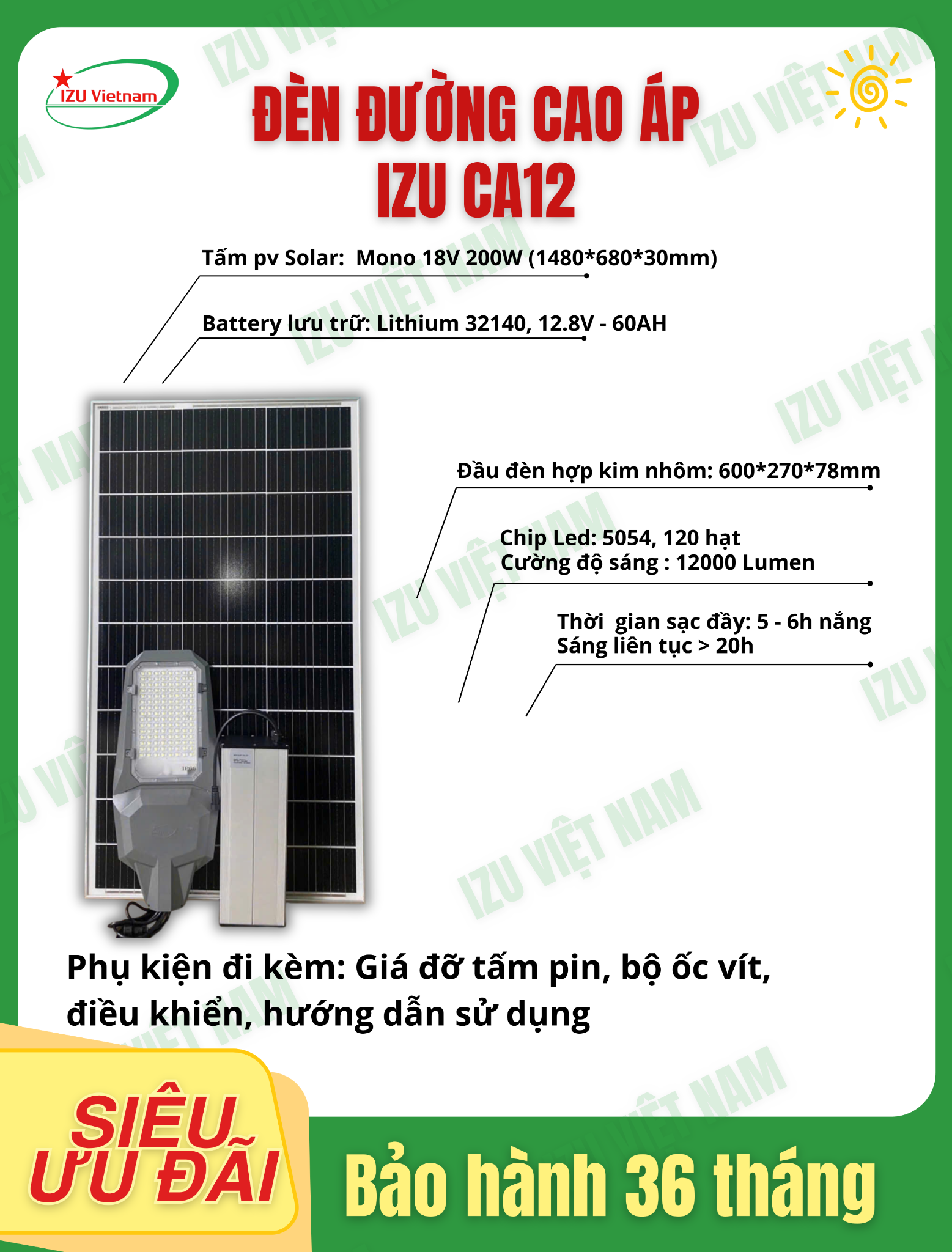  [IZU-CA12] Đèn năng lượng mặt trời cao áp siêu sáng 