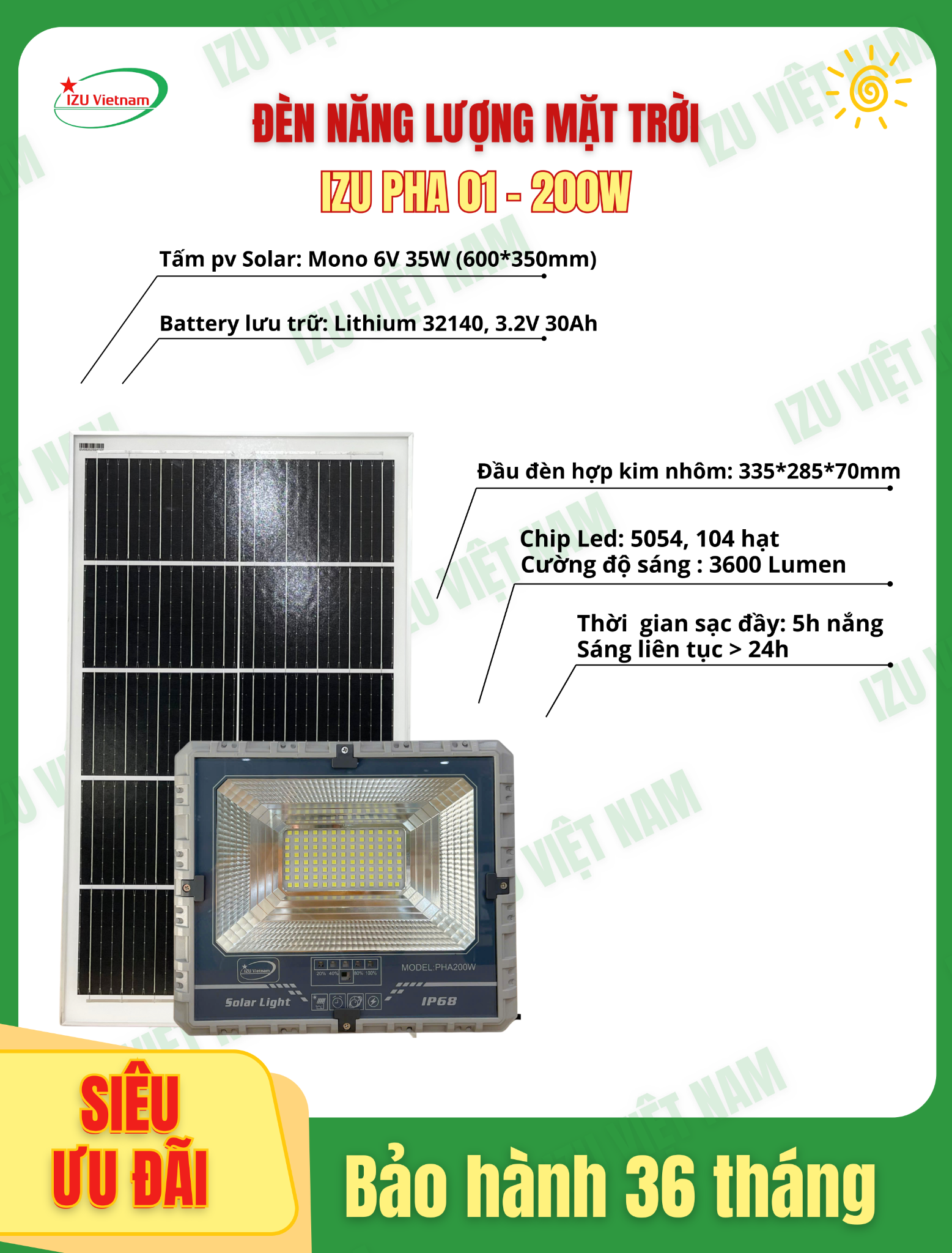[IZU-PHA02-200] Đèn pha năng lượng mặt trời IZU 200W - MẪU MỚI