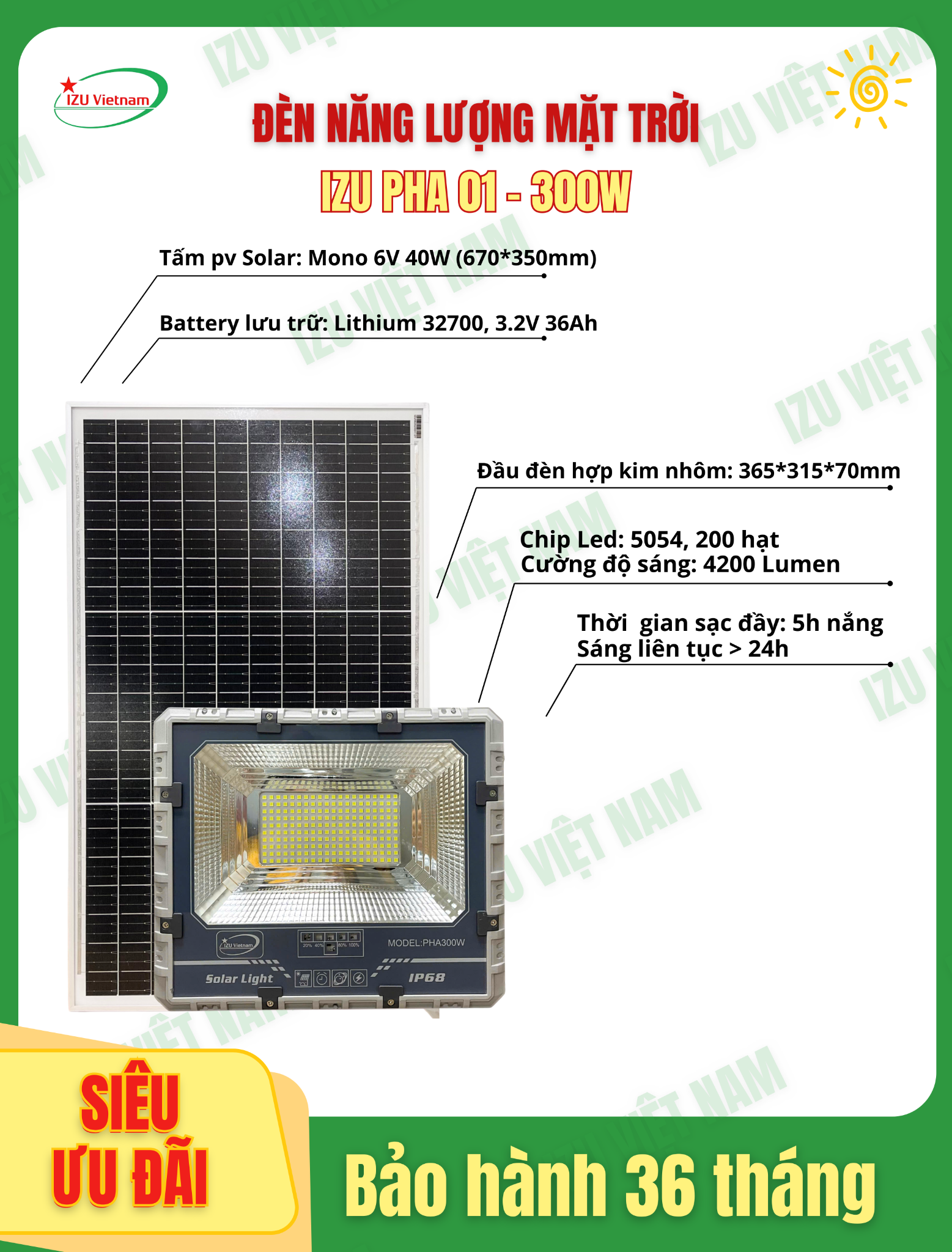 [IZU-PHA02-300] Đèn pha năng lượng mặt trời IZU 300W - MẪU MỚI