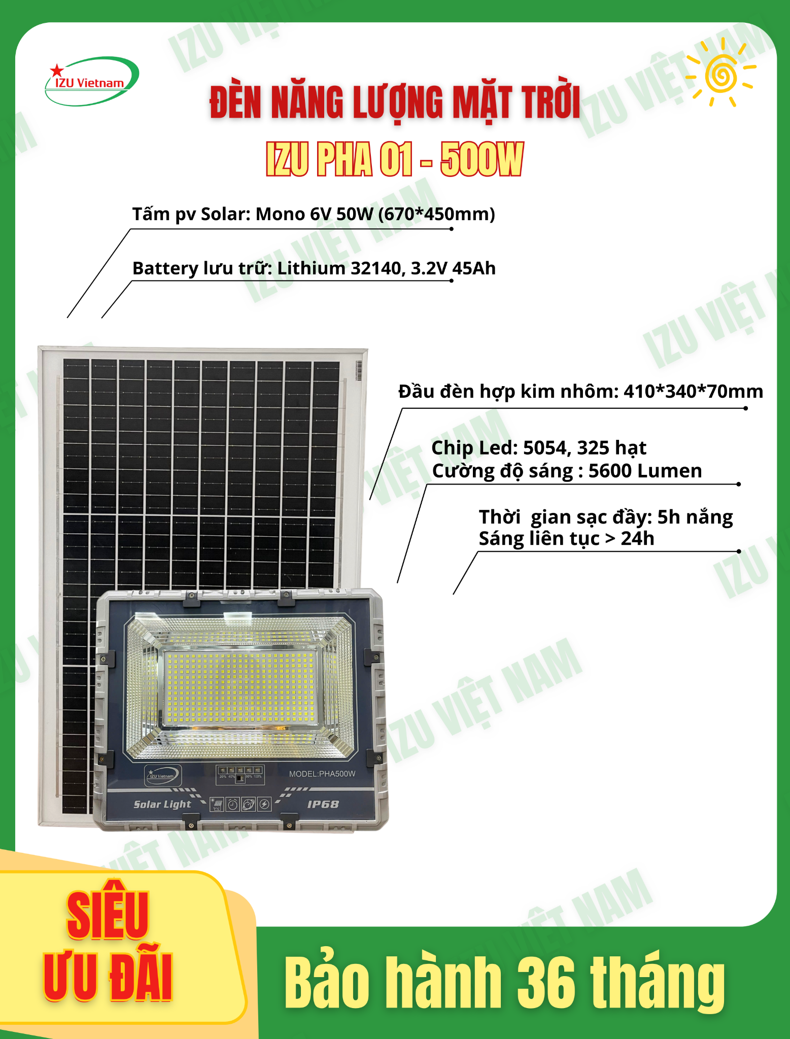 [IZU-PHA02-500] Đèn pha năng lượng mặt trời IZU 500W - MẪU MỚI