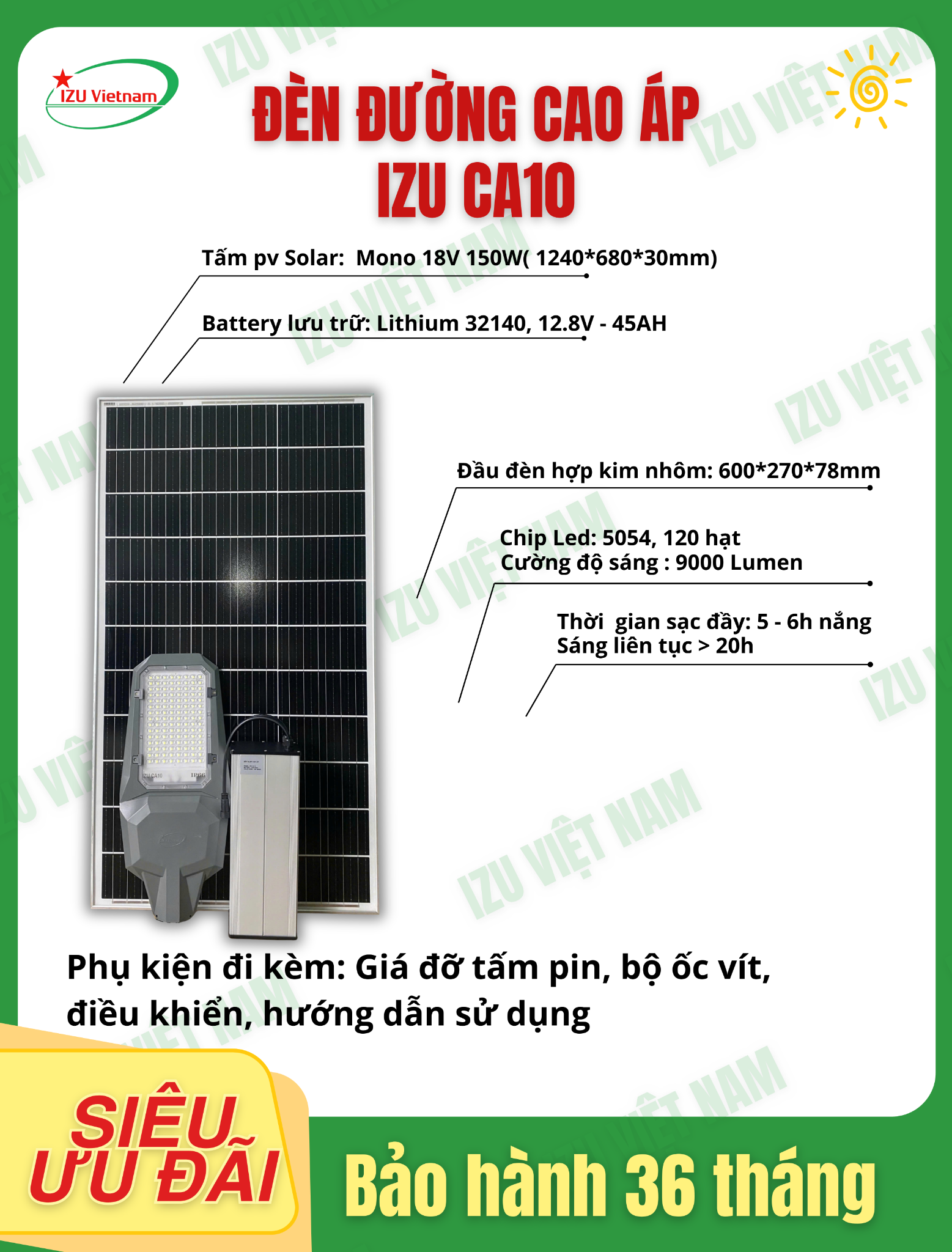  [IZU-CA10] Đèn năng lượng mặt trời cao áp siêu sáng 