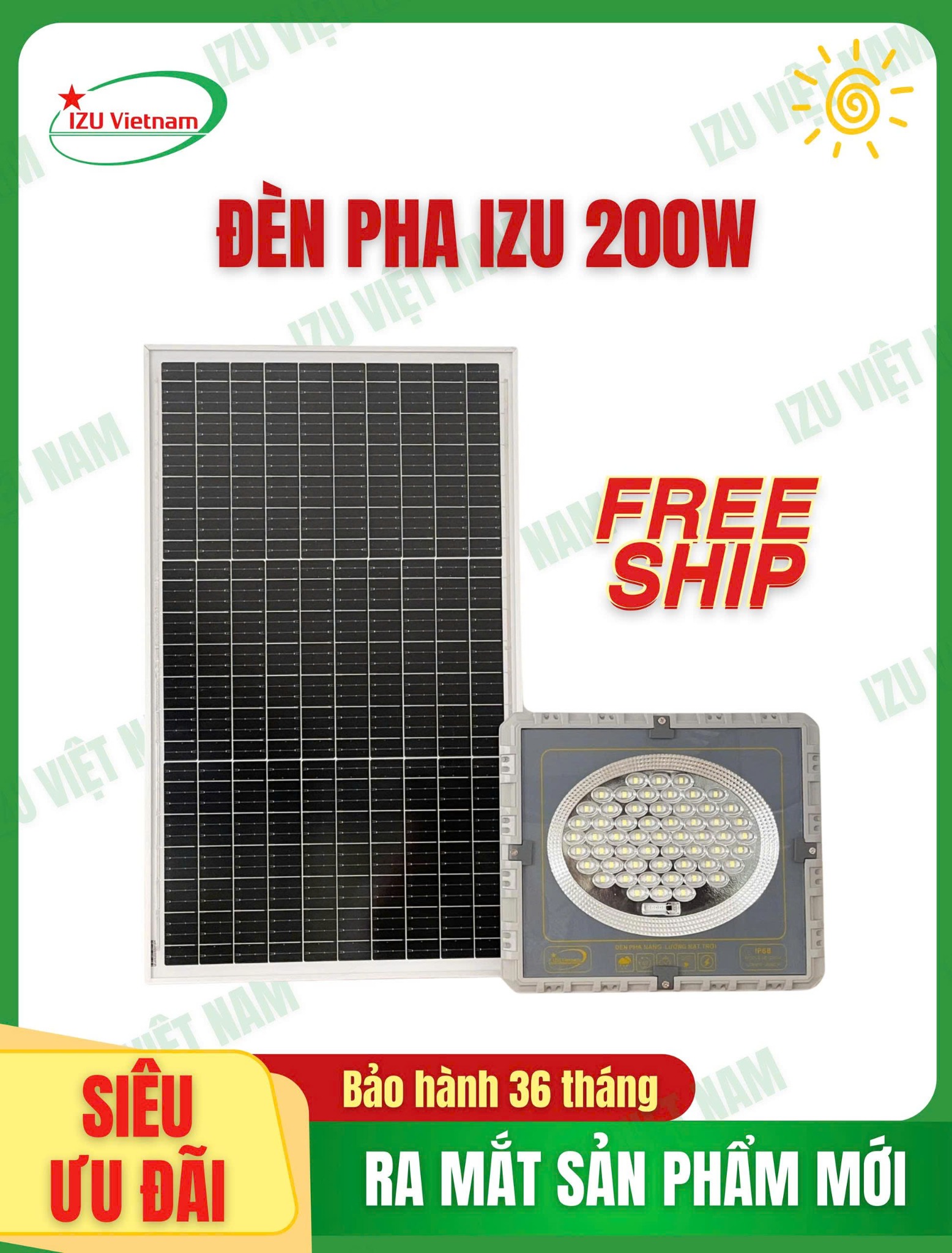 [IZU-PHA01-200] Đèn pha năng lượng mặt trời IZU 200W - MẪU MỚI