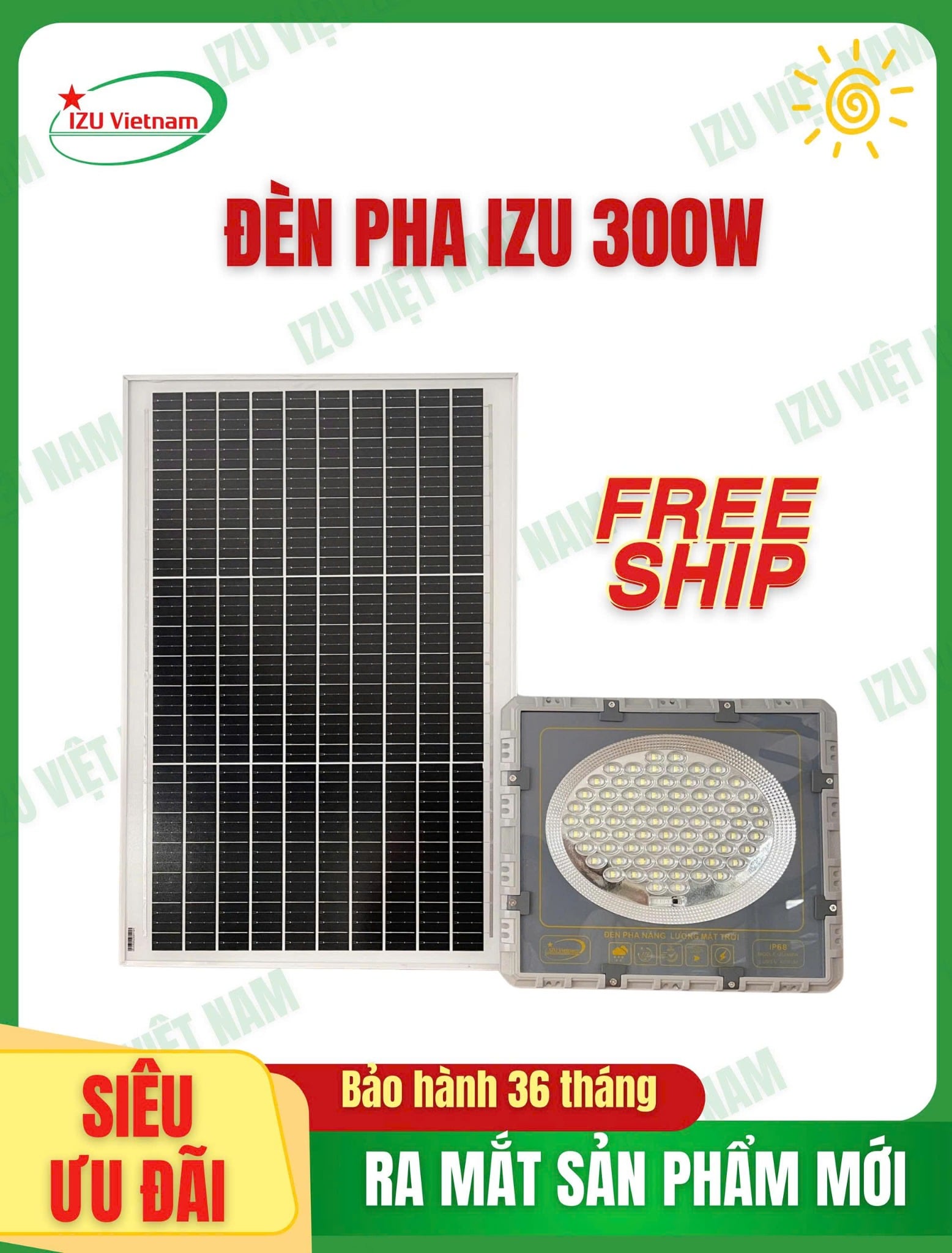 [IZU-PHA01-300] Đèn pha năng lượng mặt trời IZU 300W - MẪU MỚI
