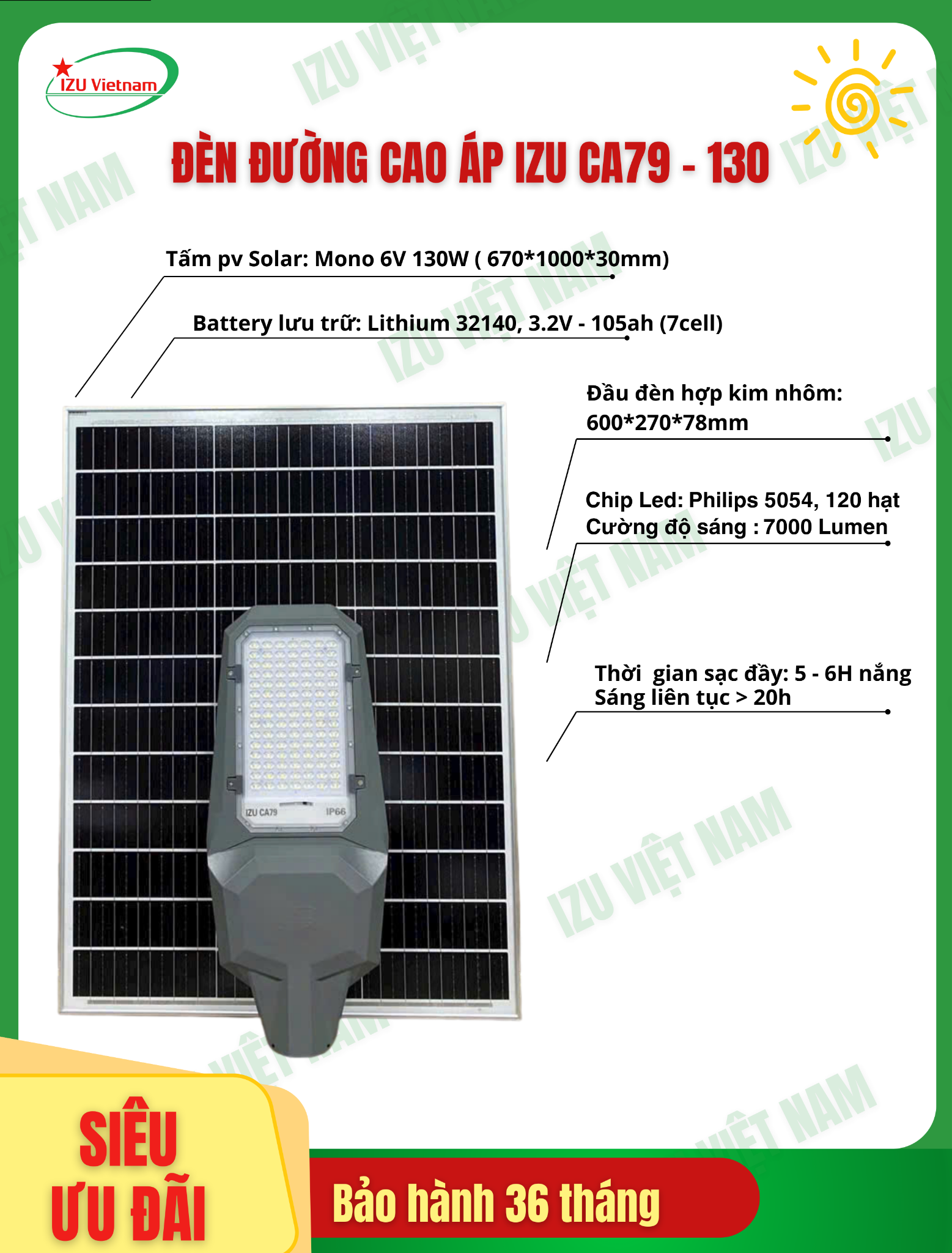  [IZU-CA79 - 130] Đèn đường cao áp năng lượng mặt trời 