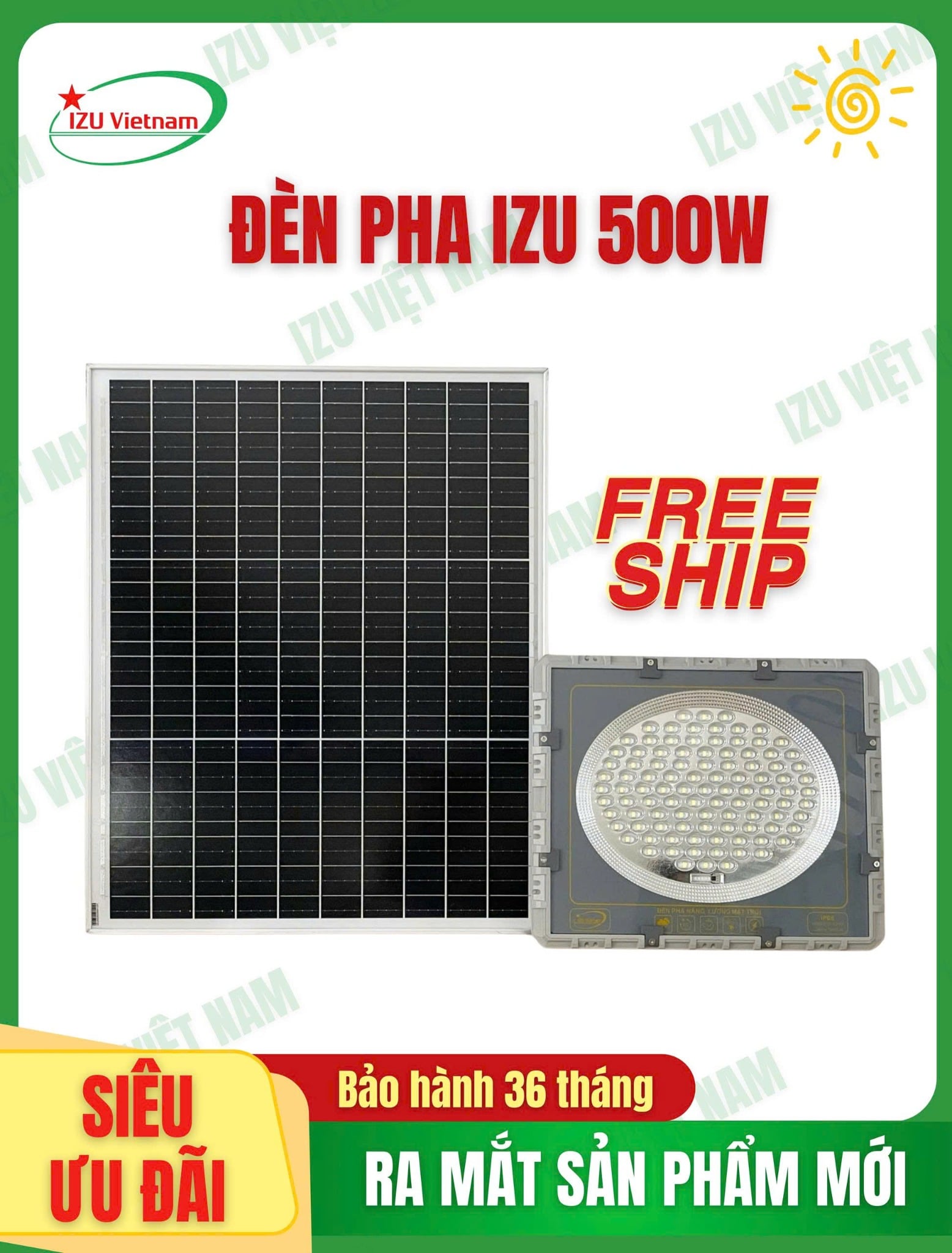 [IZU-PHA01-500] Đèn pha năng lượng mặt trời IZU 500W - MẪU MỚI