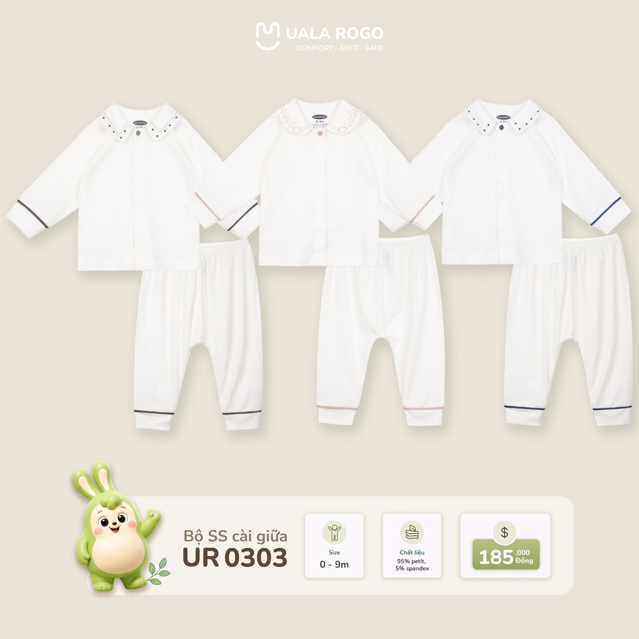  Bộ sơ sinh dài tay cài giữa cổ sen Uala Rogo UR 0303 