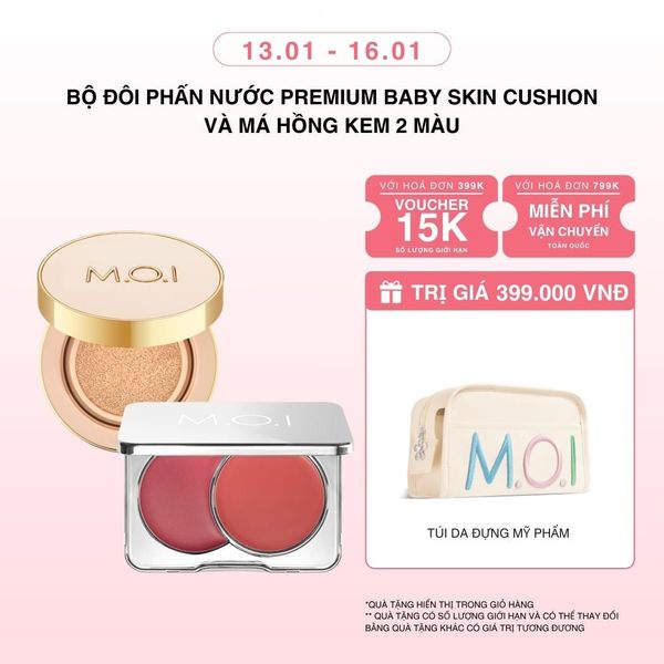 Bộ Đôi Phấn Nước M.O.I Premium Baby Skin Cushion Và Má Hồng Kem 2 Màu
