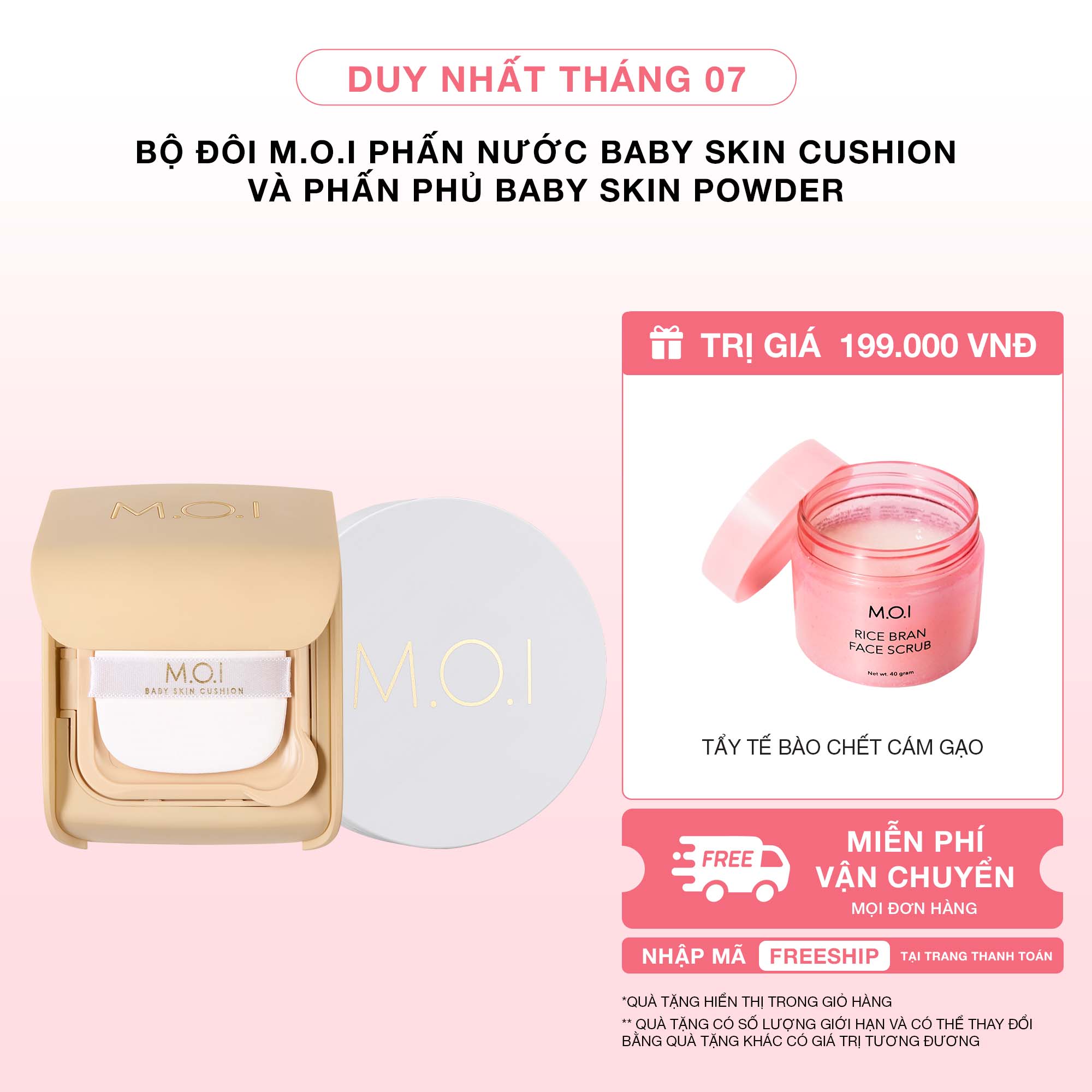 Bộ đôi M.O.I Phấn Nước Baby Skin Cushion Và Phấn Phủ Baby Skin Powder