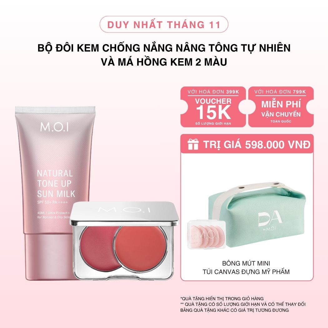 Bộ Đôi Kem Chống Nắng Nâng Tông Tự Nhiên M.O.I 40ml Và Má Hồng Kem 2 Màu