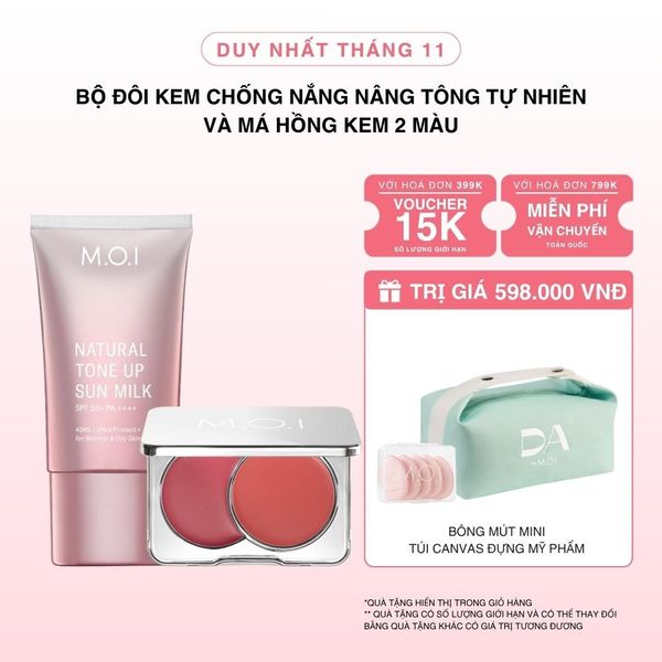 Bộ Đôi Kem Chống Nắng Nâng Tông Tự Nhiên M.O.I 40ml Và Má Hồng Kem 2 Màu